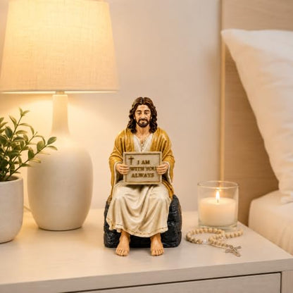 Jesus Christ Statue Peaceful | Handcrafted Polystone Marble Figurine with I Am with You Always Plaque | Christian Home Décor Jesus Resin Idol for Home, Prayer Corner, Altar & Gifting