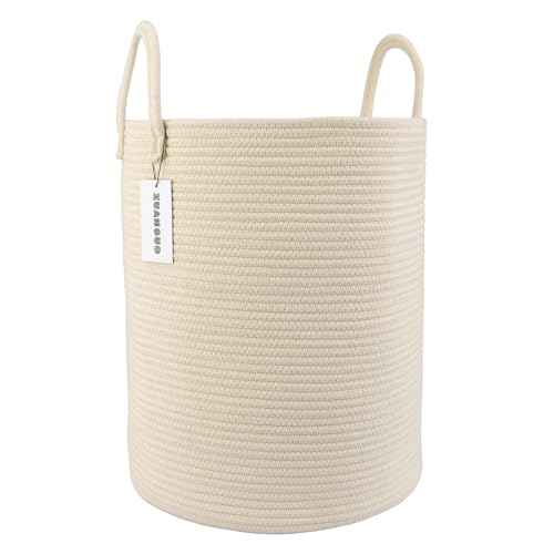XUANGUO Cotton Rope Laundry Basket Hamper for Clothes, beige | Woven Storage Basket for Living Room Bedroom Boho Tall Rope Baskets for Blanket Toys Pillow Towels Baby Nursery Hamper Bin - color: beige, size: Regular
