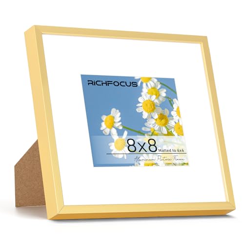 RICHFOCUS 8x8 Picture Frame|Square Frame 8 x 8 Matted to 4x4 Gold|8x8 Metal Aluminum Photo Frames with Stand for Tabletop or Wall Hanging|Hardwares Included, Set of 1 - color: Gold, size: 8x8-1P-Plexiglass