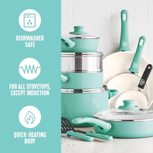 GreenLife 16 Piece Ceramic Nonstick Pots & Pans Cookware Set, Turquoise | PFAS-Free Ceramic Nonstick, Stockpot, Frying Pans, Saucepans, Sauté Pan, Stay-Cool Handles, Dishwasher & Oven Safe up to 350F - color: Mint Green, style: Soft Grip