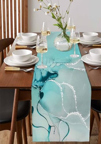 Marble Turquoise Aqua Table Runner 36 Inches Long,Cotton Linen Modern Teal Kitchen Dinner Dining Table Runners Decor Dresser,Burlap Blue Tablerunner for Coffee/Dining/Party/Wedding Table Table Decor - size: 13"x36"
