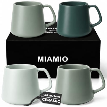 MIAMIO - Coffee Mugs Set of 4, Ceramic, Large (14oz) - Luxe (Evergreen) | Large Ceramic Coffee Mugs for Cappuccino, Tea and Coffee, 4-piece set, Coffee Mugs with saucers - dishwasher safe - color: Evergreen
