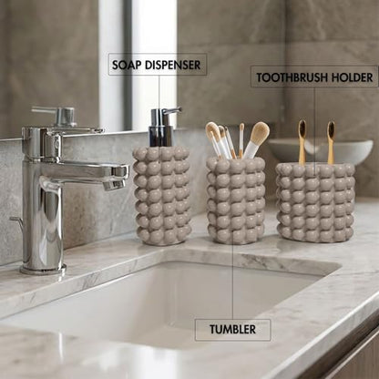 Better Trends Bathroom Accessories Set 3 Pieces Resin Bubble Textured Soap Dispenser, Toothbrush Holder & Tumbler for Vanity, Kitchen Sink & Countertop Organization Beige Nova Collection - color: Beige
