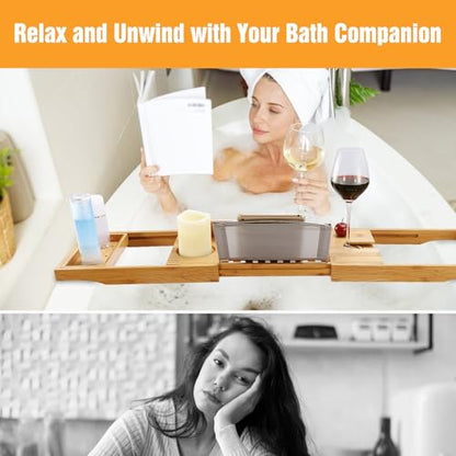 Premium Bamboo Bathtub Tray Caddy, Bath Tub Trays Table for Bathtub, Expandable Bath Caddy Tray, Bathtub & Bathroom Accessories for New Home, Anniversary and Wedding Gifts for Couple