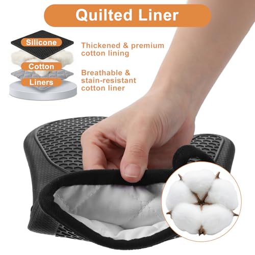 6 Pcs Oven Mitts and Pot Holders Sets for Kitchen, Extra Long Silicone Oven Gloves High Heat Resistant 500 Degrees Non-Slip Potholders Hot Pads for Baking Cooking (Black)