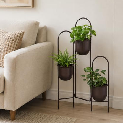 TRIROCKS 3 Tier Plant Stand with 3 Removable Metal Pots Indoor Outdoor Corner Plant Rack, 35" H Space Saving Flower Pot Holder for Living Room, Balcony, Patio & Garden(Brown) - size: 35" H