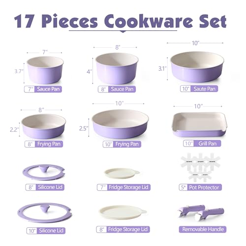 SENSARTE 17 Piece Ceramic Detachable Handle Pots and Pans Set Purple | Ceramic Cookware Set, Induction Cookware Set with Removable Handle, Healthy Non Stick for RV, Dishwasher ＆ Oven Safe - color: Purple, size: 17 Piece