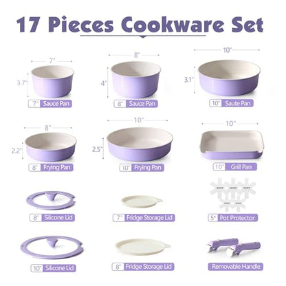 SENSARTE 17 Piece Ceramic Detachable Handle Pots and Pans Set Purple | Ceramic Cookware Set, Induction Cookware Set with Removable Handle, Healthy Non Stick for RV, Dishwasher ＆ Oven Safe - color: Purple, size: 17 Piece