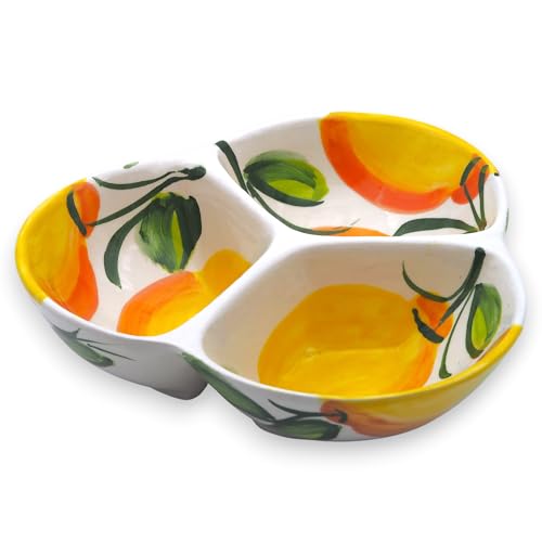 3-Compartment Ceramic Serving Dish, Handmade in Spain | 7.5” divided chip and dip bowl with lead-free glaze, microwave, oven and dishwasher safe, ideal for tapas, snacks and sauces - color: Sunny Lemon