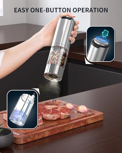 CIRCLE JOY Electric Pepper Grinder Stainless Steel Rechargeable Pepper Mill with External Adjustable Coarseness, 95ml Container and White LED Light, Silver - color: Rechargeable