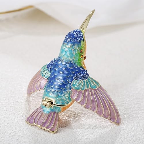 Hand Painted Trinket Box for Home Decor Accents, Enamel Hinged Jewelry Box for Bookshelf Office Table Desk Decoration, Classical Figurine Collectible Keepsake Animal Sculptures (Hummingbird)