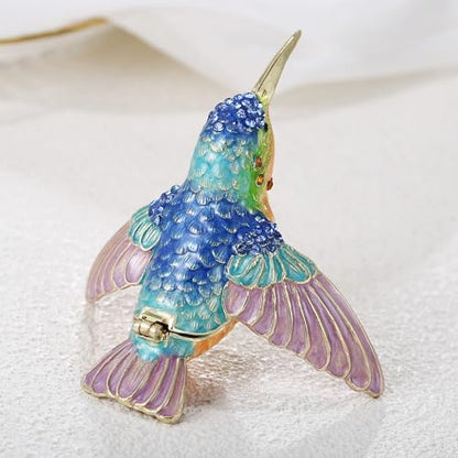 Hand Painted Trinket Box for Home Decor Accents, Enamel Hinged Jewelry Box for Bookshelf Office Table Desk Decoration, Classical Figurine Collectible Keepsake Animal Sculptures (Hummingbird)