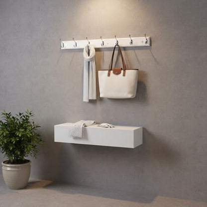 Wooden Wall Mounted Coat Rack – 35 Inch, White with 7 Silver Hooks for Entryway, Hallway, Bedroom - size: Long-35.4in(90cm),7 Silver Hooks, style: Modern