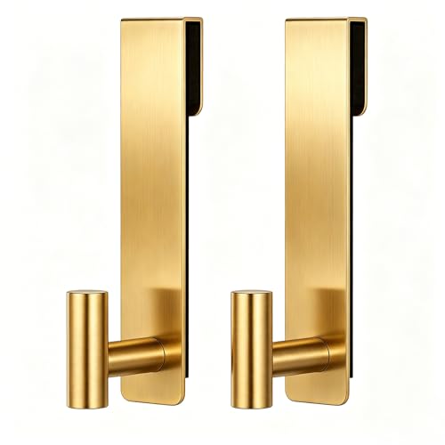 HUFEEOH 2-Pack Over The Door Hooks, Stainless Steel Door Hanger for Towels & Coats, Bathroom Towel Rack Coat Rack, Tool-Free Hooks for Hanging (Gold, Fits 3/8" Thick Door - T Shape 2 Pack) - color: Gold, size: Fits 3/8" Thick Door - "T" Shape 2 Pack