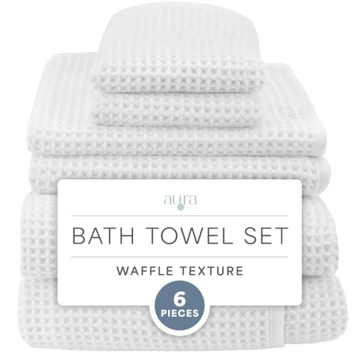 S&T INC. Aura Waffle Bath Towel Set, 6 Pieces, White | 2 Bath Towels, 2 Hand Towels, 2 Wash Cloths, Absorbent Microfiber, Quick-Dry and Lightweight, 420GSM - color: White