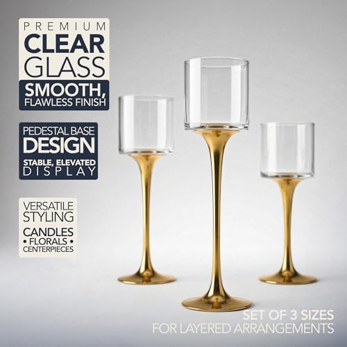 Royal Imports Glass Candleholder Flower Vase Set of 3, Gold | Floating & Pillar Candle Centerpiece Display, Decorative Hurricane on Pedestal for Home or Wedding