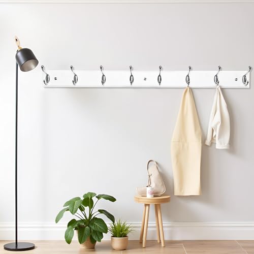 Wooden Wall Mounted Coat Rack 35 inch (90cm) with 8 Silver Hooks, Lang Wood White Coat Hook for Entrance, Hallway, Bedroom, Wall Clothes Hanger - size: Long-35.4in(90cm),8 Silver Hooks, style: Modern