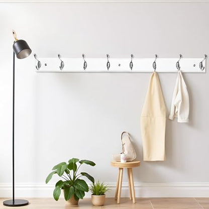 Wooden Wall Mounted Coat Rack 35 inch (90cm) with 8 Silver Hooks, Lang Wood White Coat Hook for Entrance, Hallway, Bedroom, Wall Clothes Hanger - size: Long-35.4in(90cm),8 Silver Hooks, style: Modern