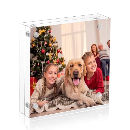 NIUBEE 5x5 Picture Frames, Clear Acrylic Photo Frame with Gift Box Package, 20% Thicker Blocks Magnetic Desktop Card Display - size: 5x5"(1 Pack)