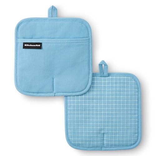 KITCHENAID Gourmet Series Gridlines Pot Holders 2-Pack Set, Heat Resistant up to 600°F, Soft Silicone Grip, Magnetic Cuff, Blue Velvet, 8"x8" - color: Blue Velvet