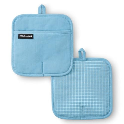 KITCHENAID Gourmet Series Gridlines Pot Holders 2-Pack Set, Heat Resistant up to 600°F, Soft Silicone Grip, Magnetic Cuff, Blue Velvet, 8"x8" - color: Blue Velvet