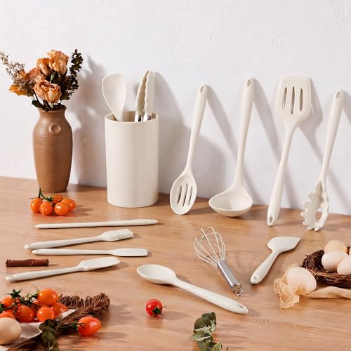 LIANYU 14 Pcs Silicone Cooking Utensils Set with Holder, Cream White | Kitchen Utensils Set for Non-Stick Cookware, 446°F Heat Resistant Cooking Tools with Comfort Grip Handle, Dishwasher safe - color: Cream White