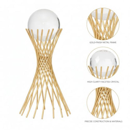 for Shelf, Desk, or Console Table Display: Modern Geometric Metal Leaf and Crystal Ball Sculpture Accent (1 PC) - size: 5.51 x 5.51 x 11.02 in