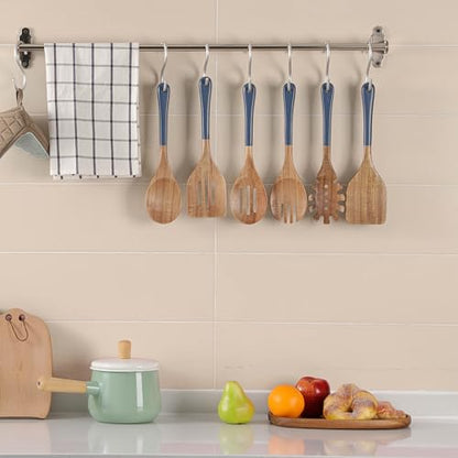 Wooden Spoons For Cooking, 6 PCS Natural Acacia Wooden Cooking Utensils, Non-Stick Wood Kitchen Utensil Set for Kitchen Essentials, Smooth Grip Wood Cooking Spoons with Hanging Hole, Blue - color: Blue