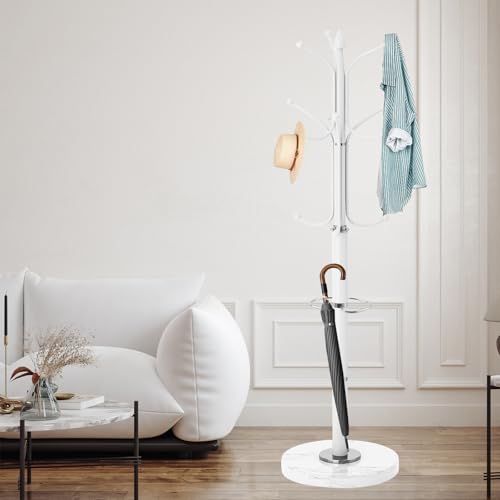 ZOZOE Metal Coat Rack Stand, Modern Coat Rack Freestanding with Natural Marble Base, Sturdy Coat Racks with 12 Hooks & Umbrella Holder,White Coat Tree Hanger Stand for Bags,Hats,Entryway,Office - color: White 12 Hooks