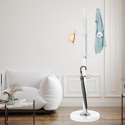 ZOZOE Metal Coat Rack Stand, Modern Coat Rack Freestanding with Natural Marble Base, Sturdy Coat Racks with 12 Hooks & Umbrella Holder,White Coat Tree Hanger Stand for Bags,Hats,Entryway,Office - color: White 12 Hooks