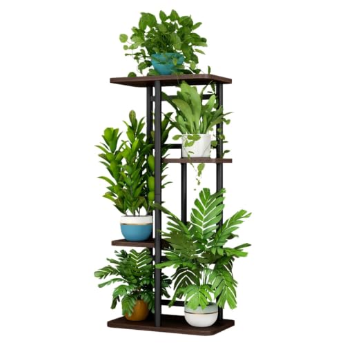 LINZINAR Plant Stand Indoor 4 Tier Metal Corner Tall Flower Shelf | Plant Rack for Multiple Plants, Tiered Flower Plant Holder for Patio, Garden, Balcony, Living Room, Bedroom Black Oak - color: Black Oak, size: 4 Tier-5 Potted