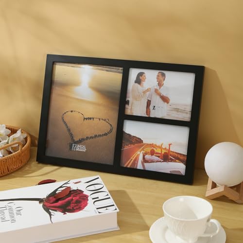 3-Opening Collage Frame 8x10 + 2(5x7) Black Wood | Holds 8x10 and two 5x7 photos, shatter-resistant glass, tabletop & wall mount - size: 8x10 & 5x7 - 3 Opening