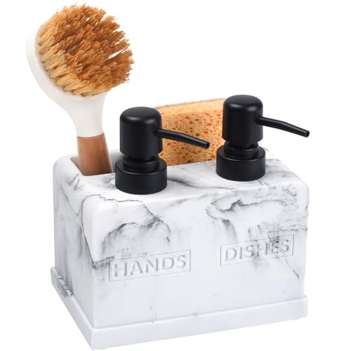 Kitchen Soap Dispenser Set,with Liquid Hand and Dish Soap,Sponge Holder and Brush Holder 4-in-1 Dual Soap Dispenser Set for Kitchen Sink, Bathroom - Artificial White Marble Look - color: 4 in 1 - White Marble Look