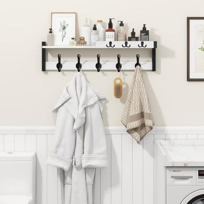 Coat Rack Wall Mount, 29" Floating Shelf with Key and Mail Holder | Wooden Entryway Hanging Shelf with Hooks and Storage for Hat Towel Jacket Purse Backpack Dog Leash, White