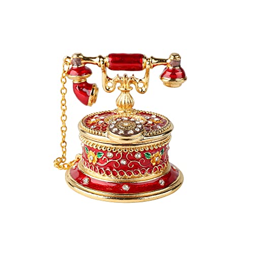 QIFU Hand Painted Red Telephone Figurine Enameled Trinket Box Hinged, Unique Gift for Family - color: T2 Red