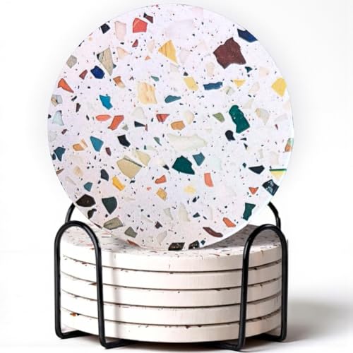 Terrazzo Coasters Set of 6, Colorful Boho Absorbent Ceramic Coasters | Speckled terrazzo drink coasters for coffee table & desk; moisture-absorbing stone, boho home decor, housewarming gift - color: Mosaic Black Holder