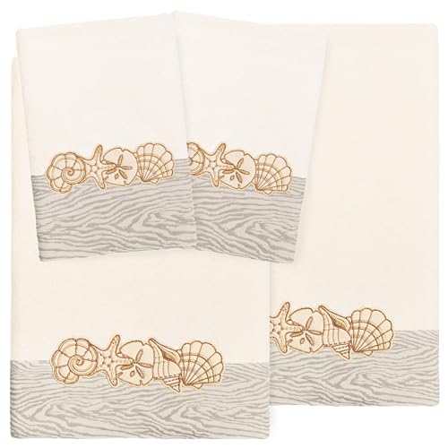 Seaside 4-Piece Luxury Towel Set, Sparkling Seashell Applique, Plush Turkish Cotton, Durable & Quick Dry, Nautical Bath Ensemble, 2 Bath 2 Hand Towels, Beige - color: Beige, size: 2 Pcs Bath 2 Pcs Hand Towel