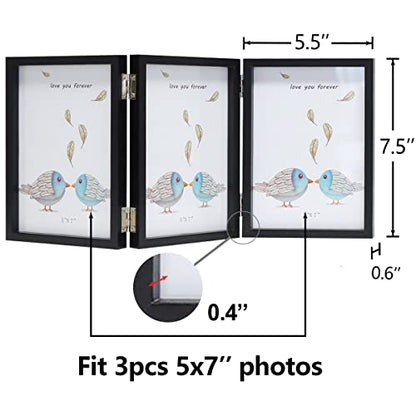 WUTL 3 Picture Frame Triple Collage 5x7 Frames with Real Glass Black | Trifold Photo Frame, Hinged Foldable, Crystal Clear Real Glass - color: Black, size: 5x7
