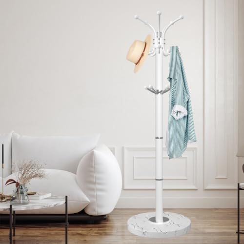ZOZOE Metal Coat Rack Stand, Modern Coat Rack Freestanding with Natural Marble Base, 360° Rotary Design Coat Racks with 14 Hooks,White Coat Tree Hanger Stand for Bags,Hats,Entryway,Office - color: White 14 Hooks