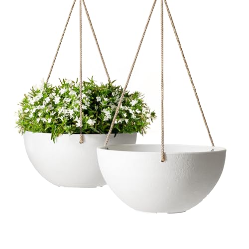 LA Jolie Muse Hanging Planter Baskets for Indoor Plant, Set of 2, 9.84 Inch | Decorative Hanging Baskets with Drainage Holes, Matte White Hanging Planters for Windows, Porches, Balconies, Patios - color: White, size: 9.84 Inch