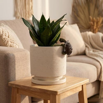 Nihow Ceramic Plant Pot with Resin Figure/Drainage Hole & Saucer,5.7 Inch | White, Cylinder Planters, Art Modem Design, Home Garden Patio Office - color: White+rt, size: 5.7 Inch