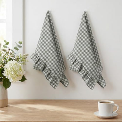 HunnmingRe Sage Green Kitchen Towels Set of 2, 100% Cotton Ruffled Gingham Dish Towels 18"x28" Tea Cloths Classic Plaid Pattern for Farmhouse Charm, Drying Dishes, Entertaining Guests - color: Sage Green, style: Gingham