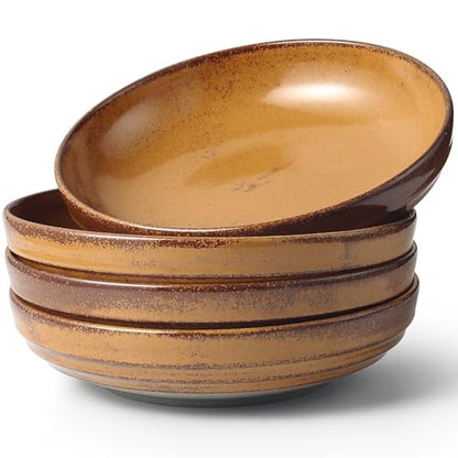 HAPPY KIT 9'' Pasta Bowls, 42oz, Stoneware Set of 4, Ocher | Large Salad Bowl, Ceramic Serving Bowls, Double Reactive Glaze, Ideal for Housewarming, Festivals, Microwave Safe - color: Ocher
