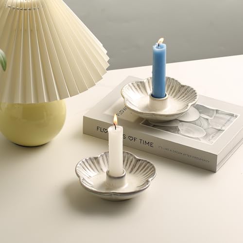Ceramic Taper Candle Holder, 4.72 in Polished Round Base Tray | Low profile shape fits mantels, shelves, bars and dining tables without overwhelming small spaces. - color: Gray