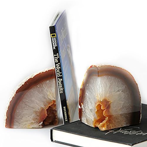 JIC Gem Natural Agate Geode Bookends Anti-Slip Rubber Bumpers 1 Pair 4-6Lbs | Heavy Duty Crystal Book Stoppers Cute Crystal Book ends Decorative Stone Book Supports for Shelf Desktop Home Office Decor - color: Natural, size: 4-6LBS.
