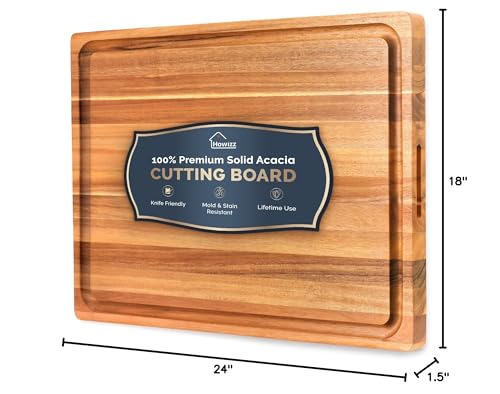 Howizz Acacia Wood Large Cutting Board, Thick Edge Grain Solid Wood Butcher Block For Kitchen, Non Toxic Pre-Oiled Carving Tray w/Juice Grooves and Easy Grip Handle, 24"x18" Thick 1.5" Gift-Ready Box - color: Upgraded Edge Grain, size: 24"L x 18"W