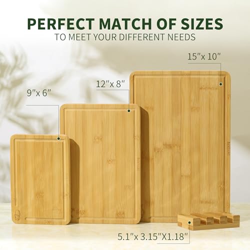 BAMBANG Bamboo Cutting Board Set, 3-Piece Wooden Chopping Boards for Kitchen, Non-Toxic Butcher Block with Juice Groove, Large Medium Small Cutting Boards for Meat, Vegetables & Cheese - color: Natural