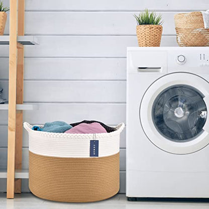 COMSE XXXLarge Woven Blanket & Laundry Basket, 87L, White & Camel | 21.7" x 13.8", Cotton Rope, Nursery Hamper for Storage of Toys Clothes Towels, Ideal for Living Room Bedroom Bathroom - color: White & Camel