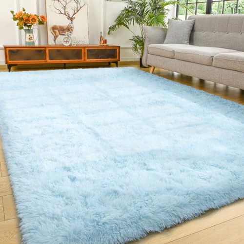 YJ.GWL Area Rugs for Living Room Bedroom, 4x6 Machine Washable Large Light Blue Carpet, Soft Fluffy Shaggy Thick Big Shag Indoor Floor Rug for Kids Boy and Girls Room Dorm Home Decor Aesthetic - color: Light Blue, size: 4' x 6' (Rectangular)