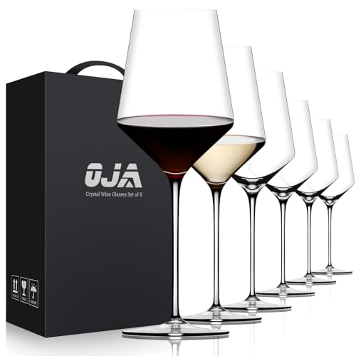 OJA Wine Glasses Set, Crystal Red Hand Blown Wine Glass, Set of 6, 15 oz | Long Stem, Thin Rim, Premium, Perfect for Red or White, Daily Use, Unique Wedding Anniversary or Birthday Gift - style: Set of 6-15oz
